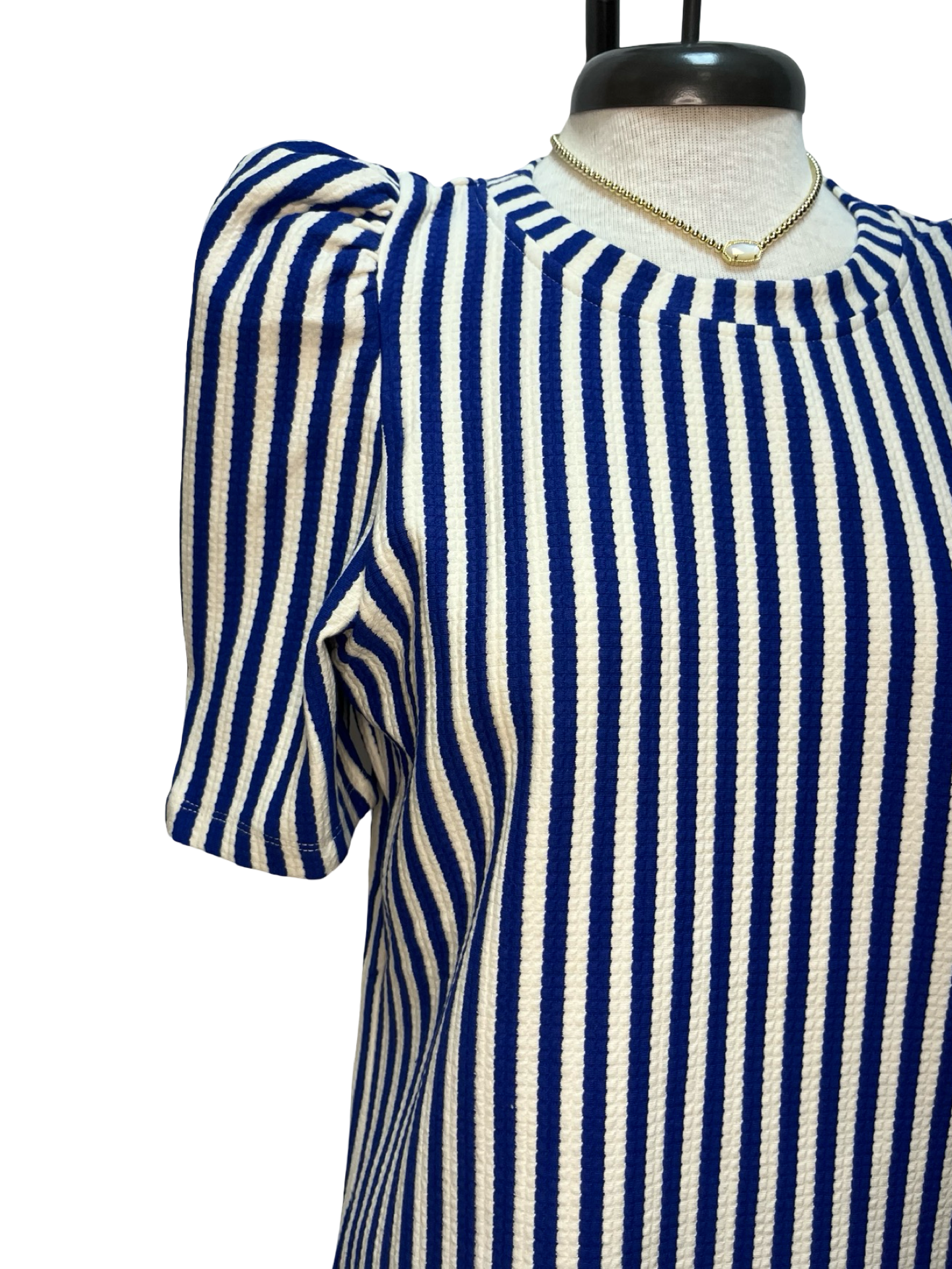 Round Neck Puff Sleeve Stripe Top Blue