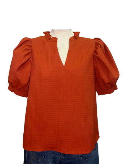 Ruffle V Neck Puff Sleeve Top Rust