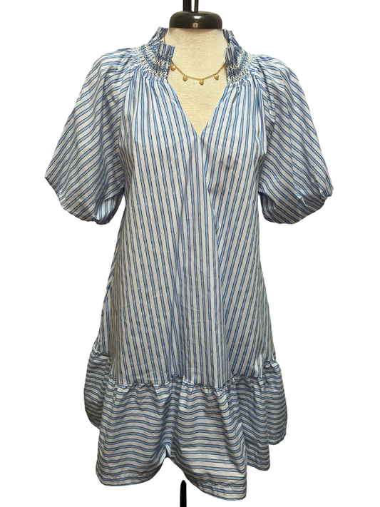 Ruffle V Neck Stripe Mini Dress Blue
