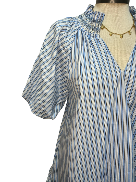 Ruffle V Neck Stripe Mini Dress Blue