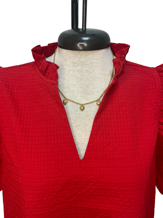 Textured Puff Sleeve Mini Dress Red