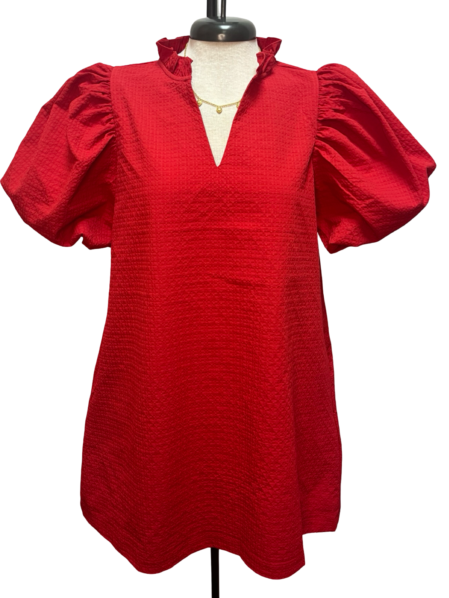 Textured Puff Sleeve Mini Dress Red