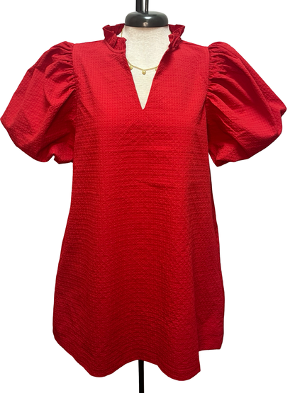 Textured Puff Sleeve Mini Dress Red