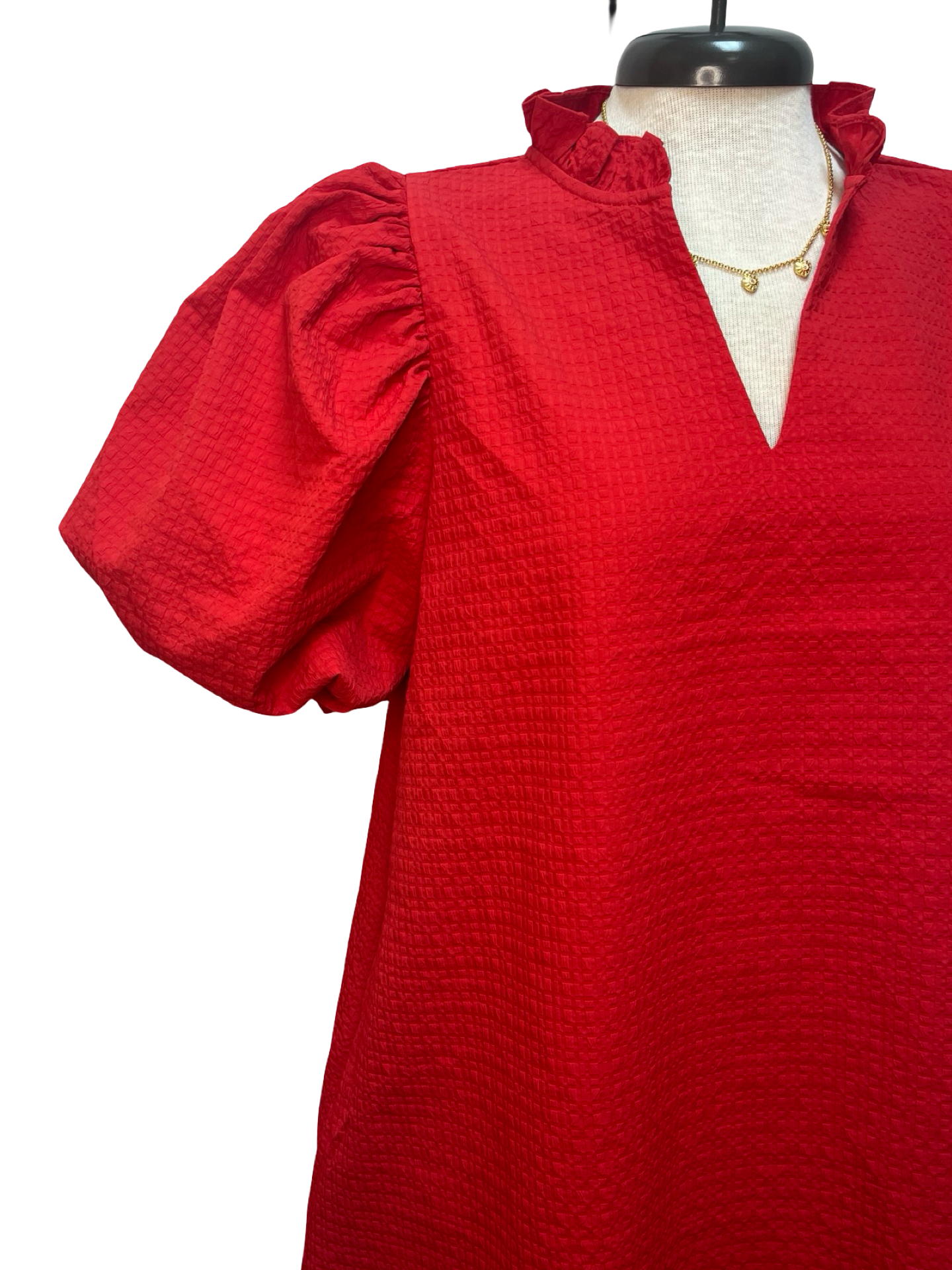 Textured Puff Sleeve Mini Dress Red