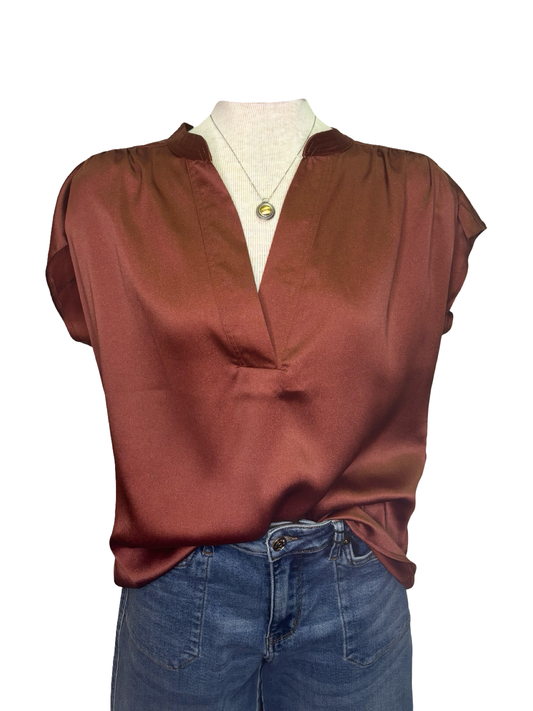 V Neck Drop Satin Blouse Brick