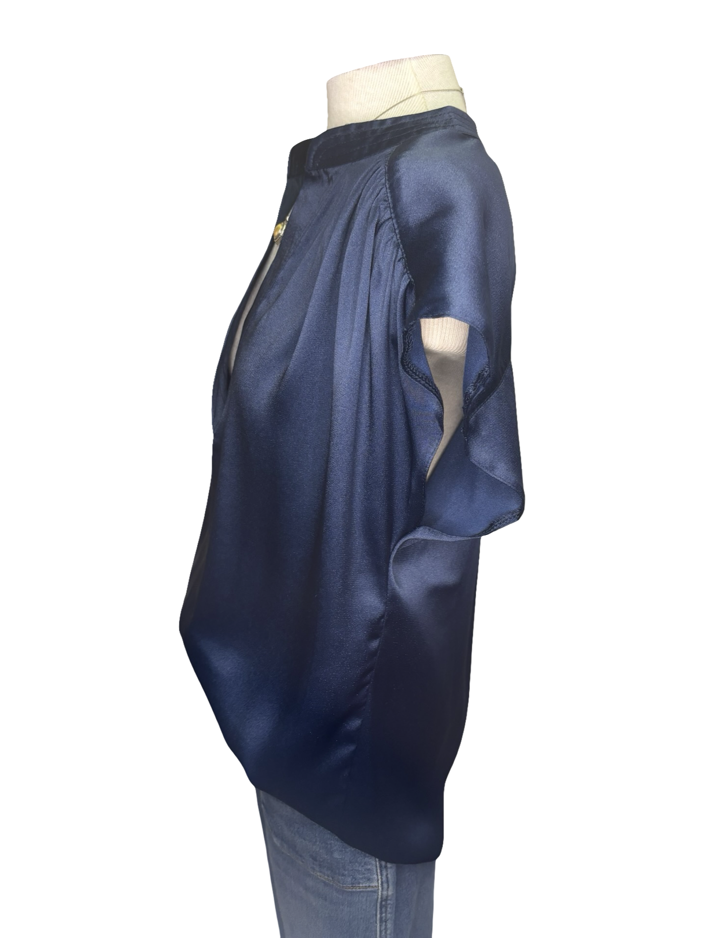 V Neck Drop Satin Blouse Navy