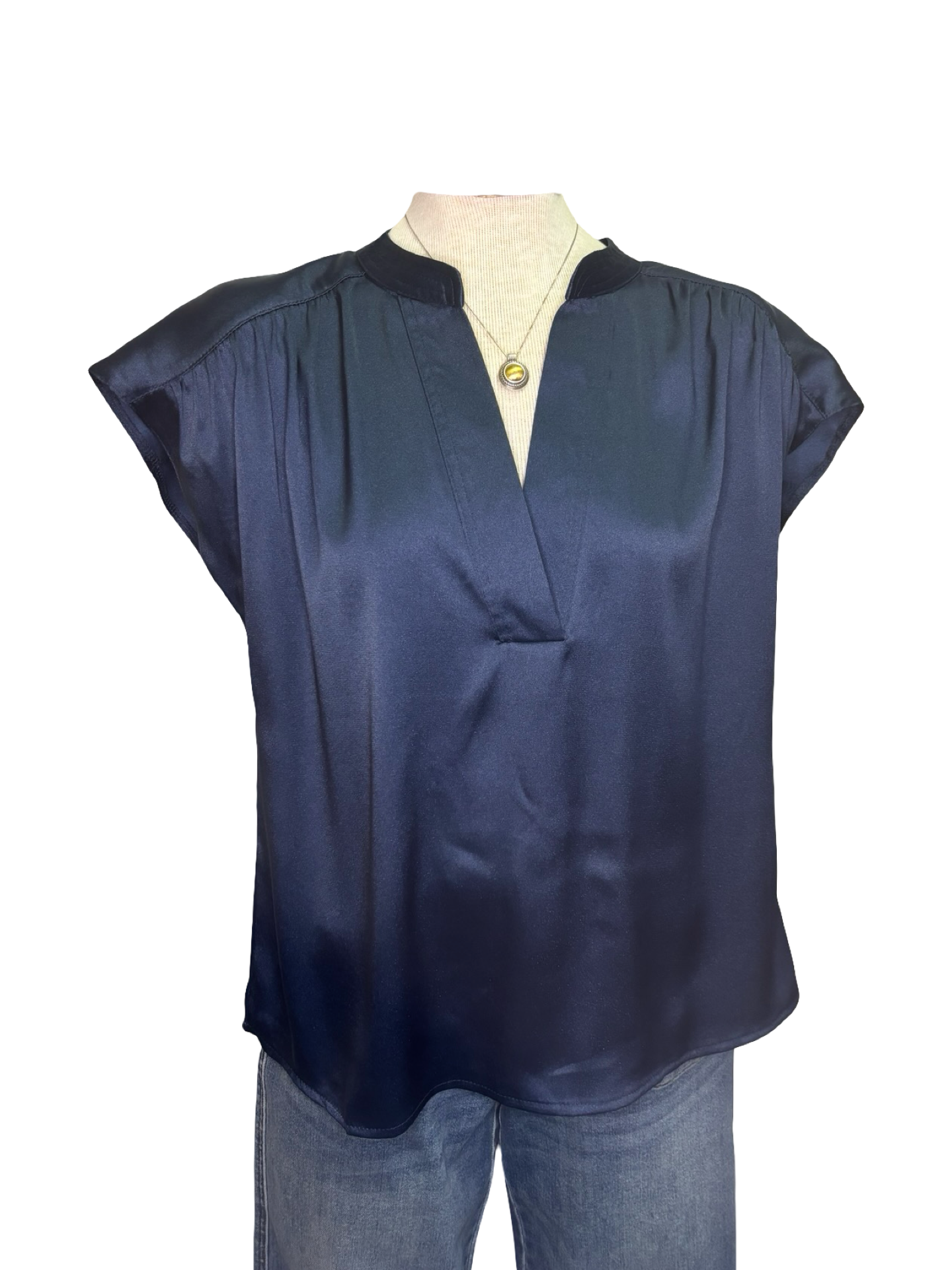 V Neck Drop Satin Blouse Navy