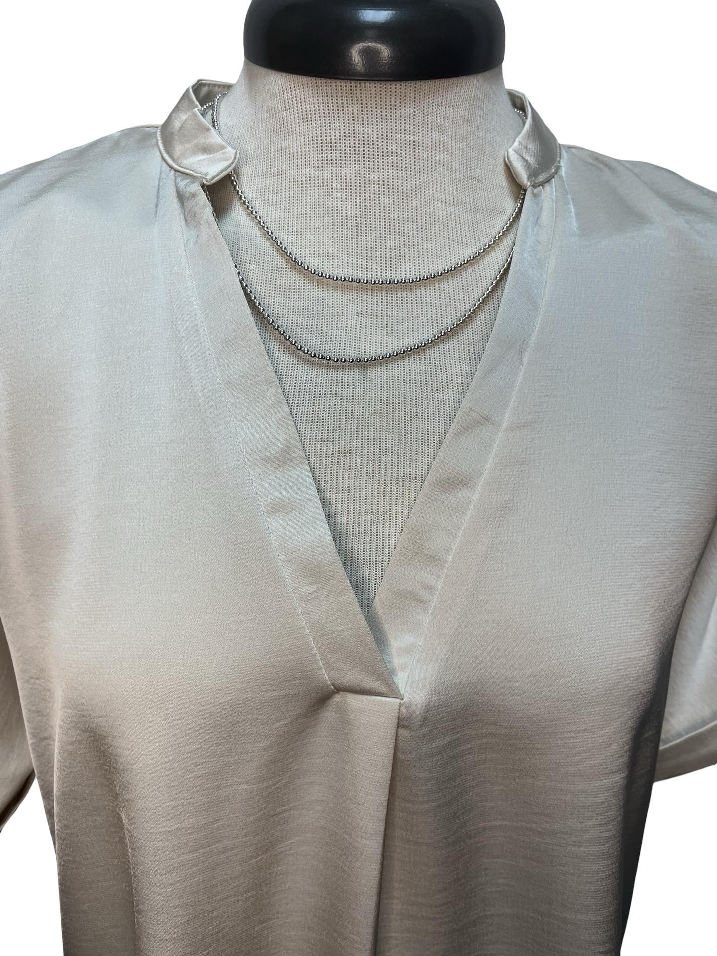 V Neck Placket Cuffs Sleeve Top Cream