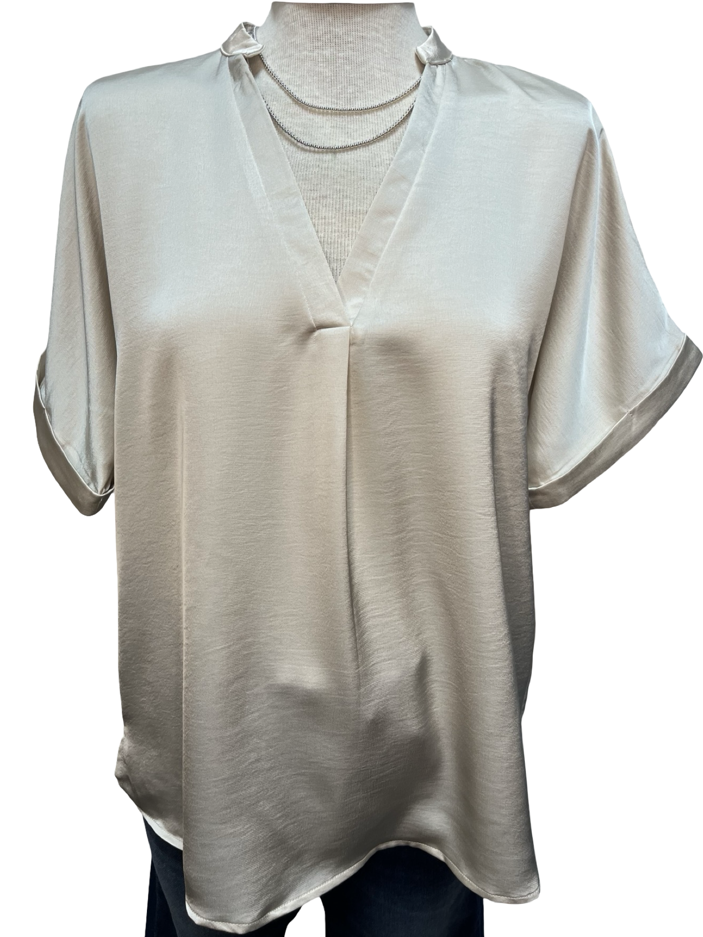 V Neck Placket Cuffs Sleeve Top Cream