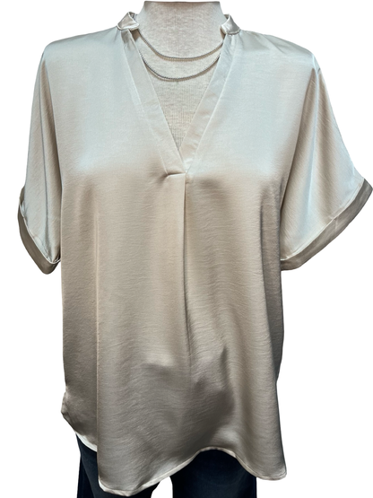 V Neck Placket Cuffs Sleeve Top Cream