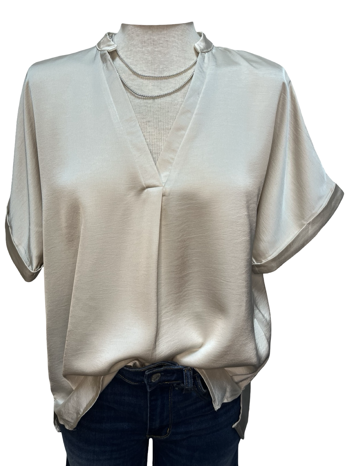V Neck Placket Cuffs Sleeve Top Cream