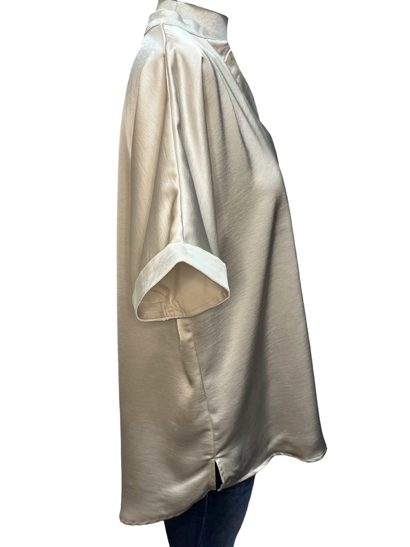 V Neck Placket Cuffs Sleeve Top Cream