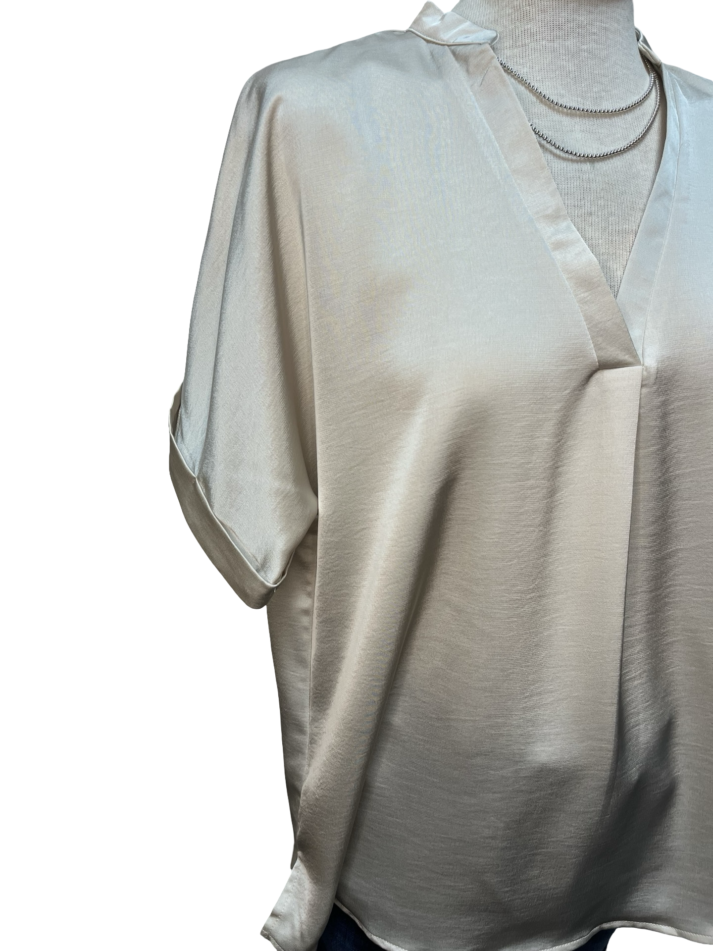 V Neck Placket Cuffs Sleeve Top Cream