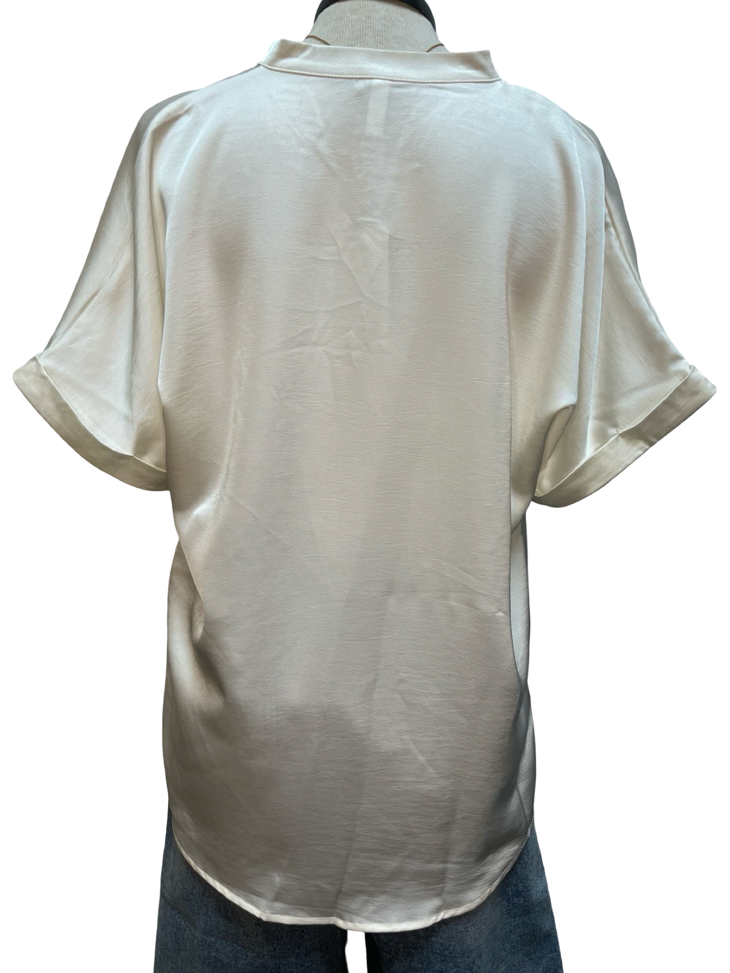 V Neck Placket Cuffs Sleeve Top Ivory