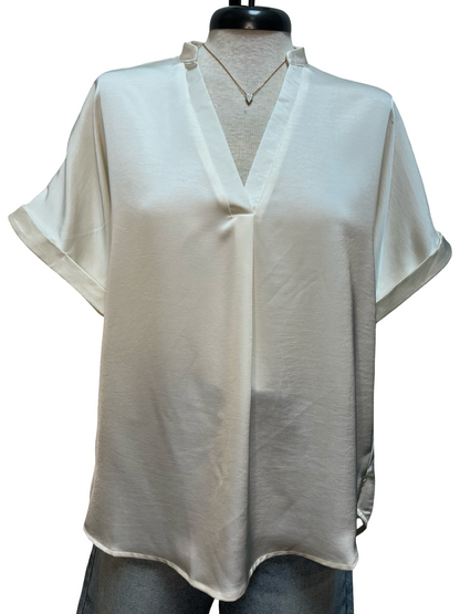 V Neck Placket Cuffs Sleeve Top Ivory