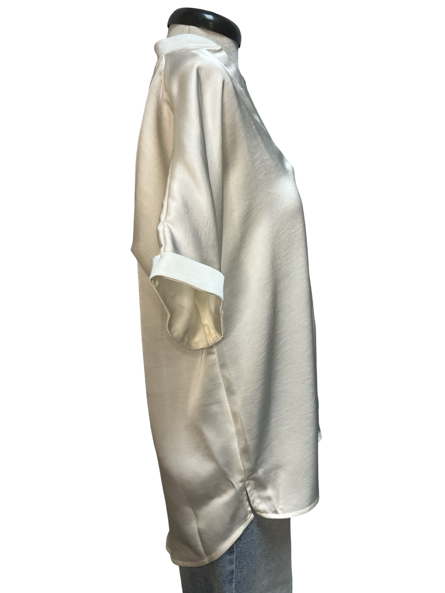 V Neck Placket Cuffs Sleeve Top Ivory