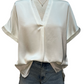 V Neck Placket Cuffs Sleeve Top Ivory