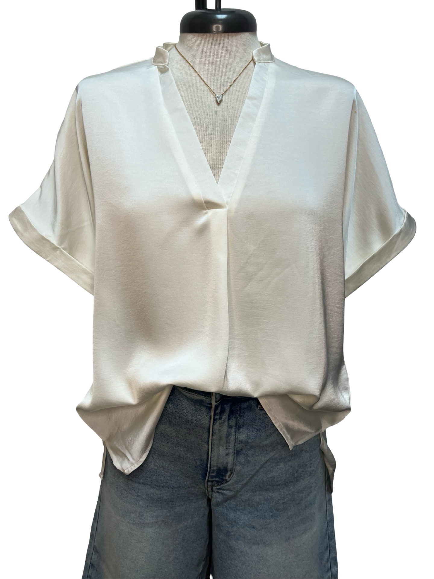 V Neck Placket Cuffs Sleeve Top Ivory