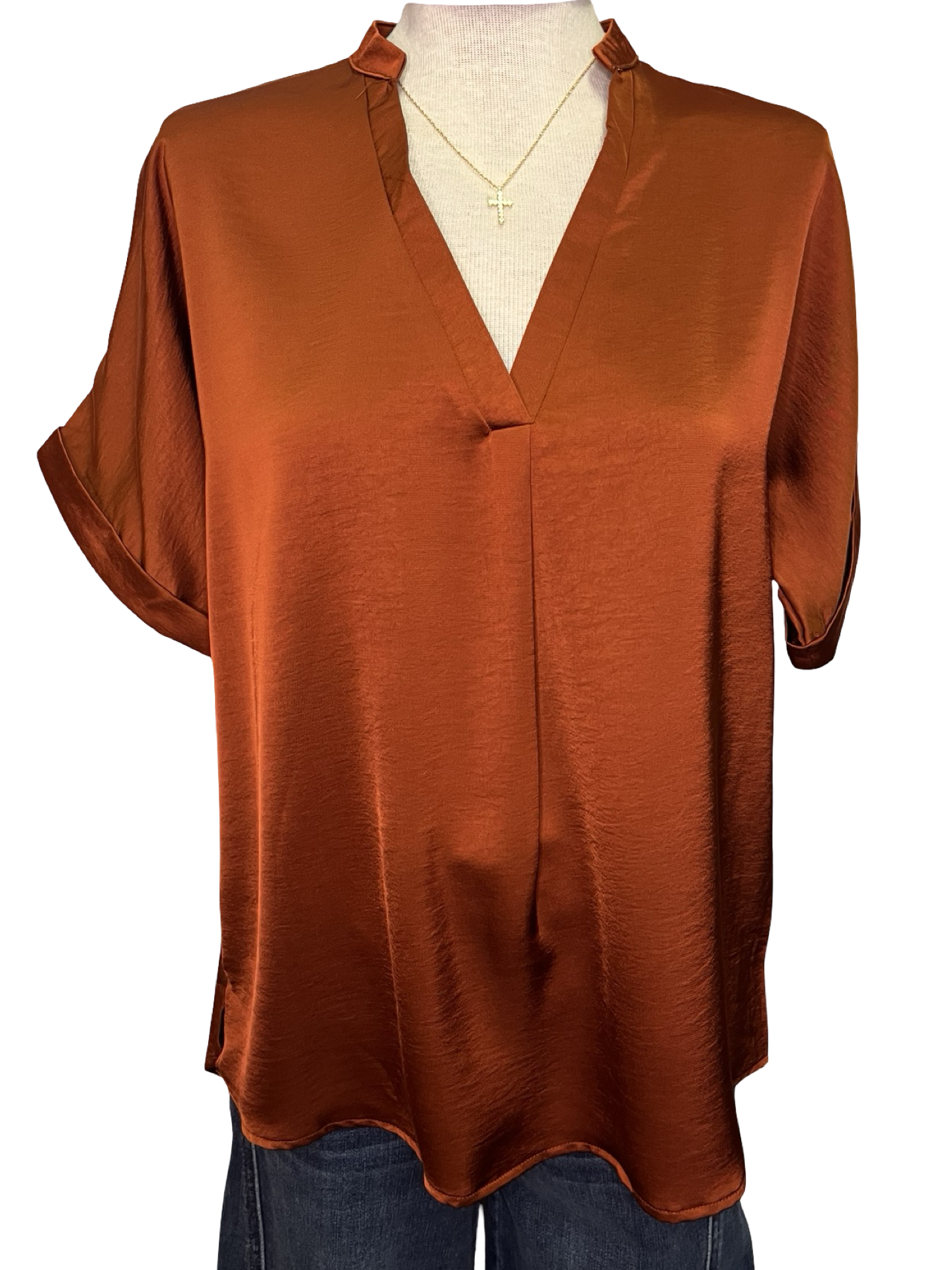 V Neck Placket Cuffs Sleeve Top Rust