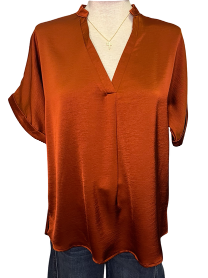 V Neck Placket Cuffs Sleeve Top Rust