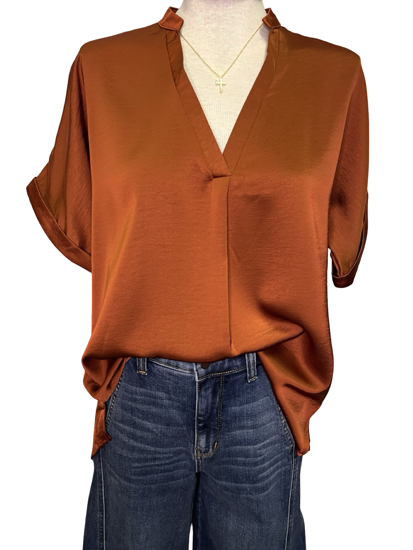 V Neck Placket Cuffs Sleeve Top Rust