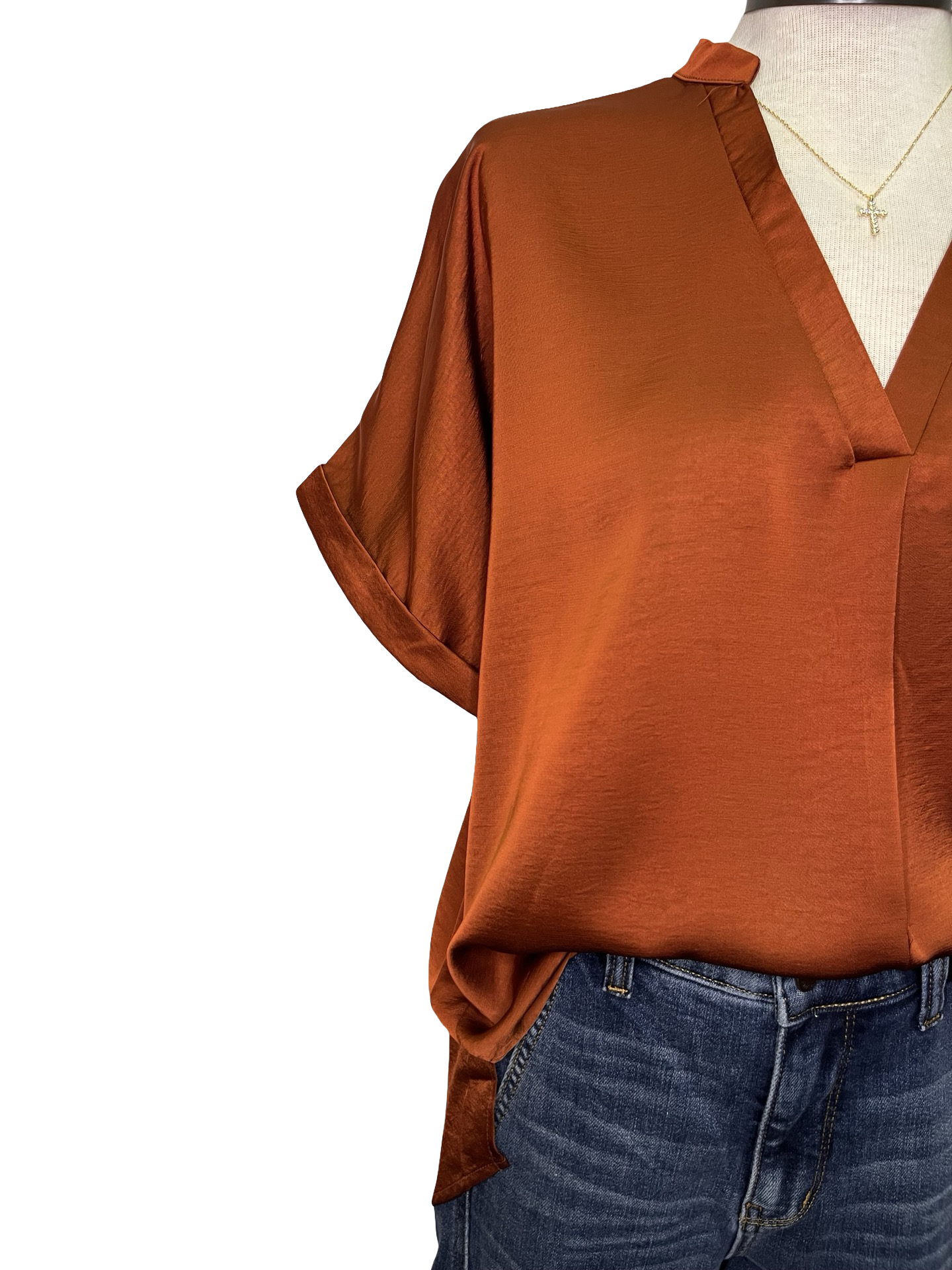 V Neck Placket Cuffs Sleeve Top Rust