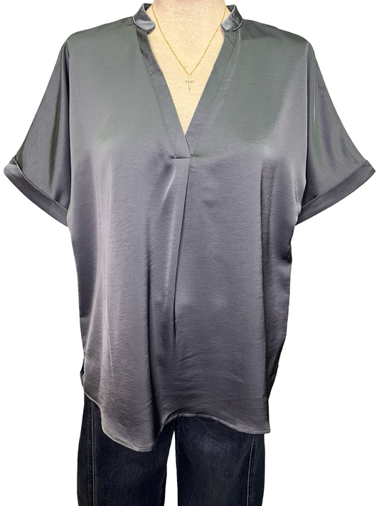 V Neck Placket Cuffs Sleeve Top Slate