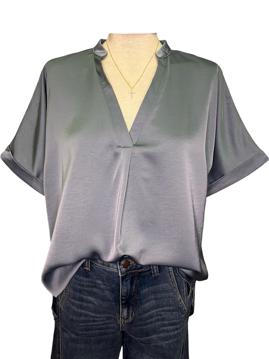 V Neck Placket Cuffs Sleeve Top Slate