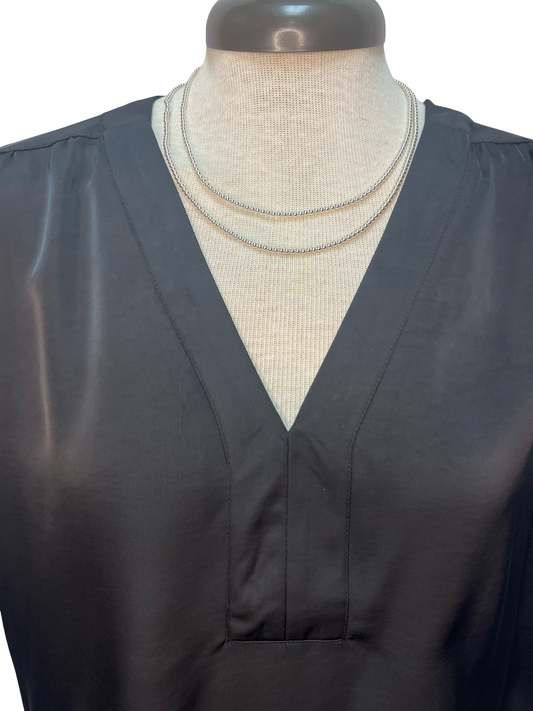 V Neck Placket Shirring Top Black