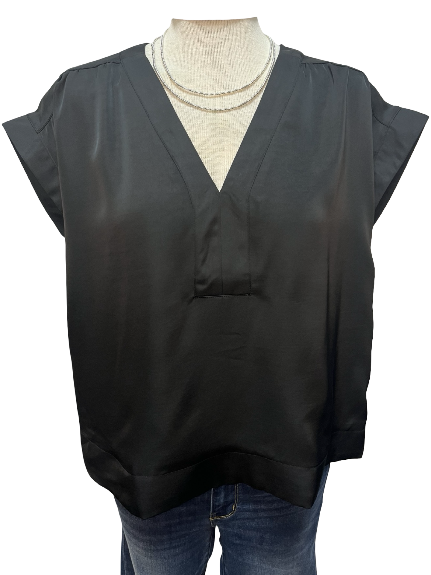V Neck Placket Shirring Top Black
