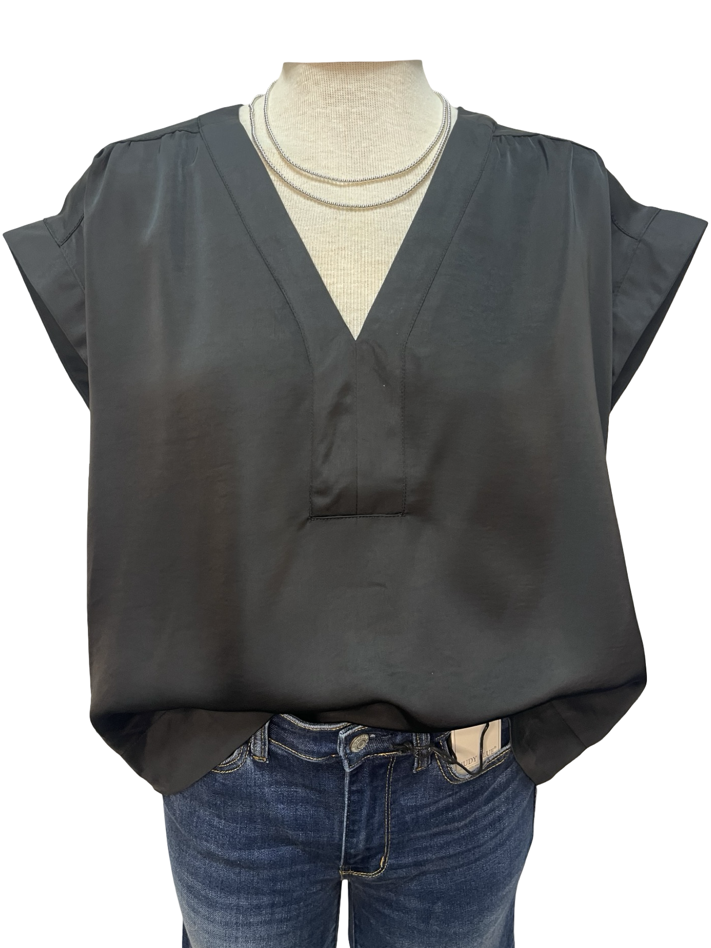 V Neck Placket Shirring Top Black