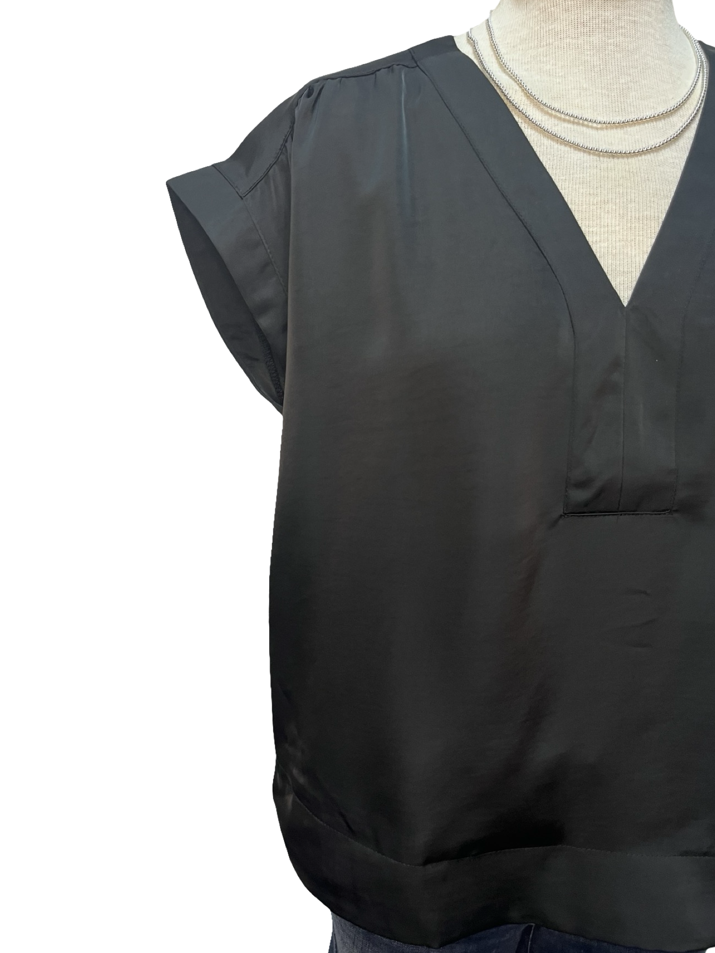 V Neck Placket Shirring Top Black
