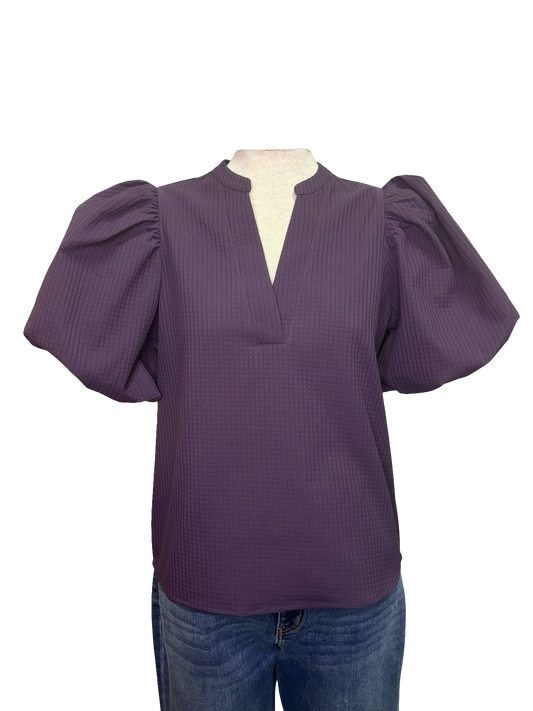 V Neck Puff Sleeve Top Purple
