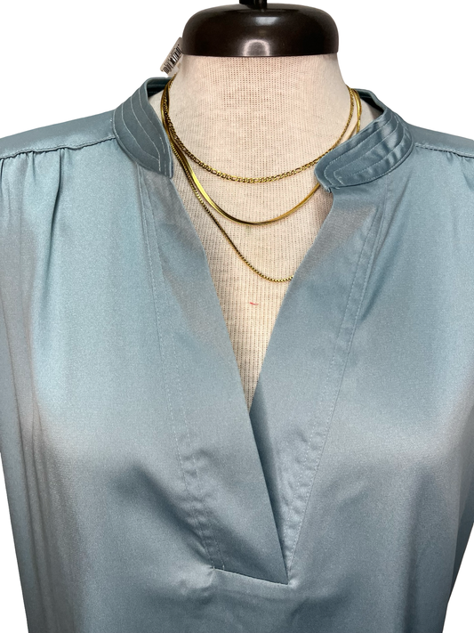 V Neckline Cap Sleeve Top Dusty Blue