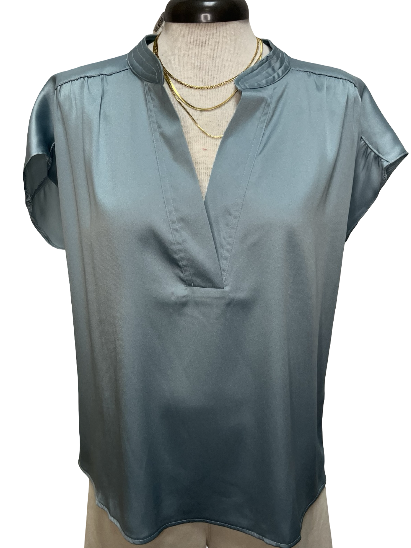 V Neckline Cap Sleeve Top Dusty Blue