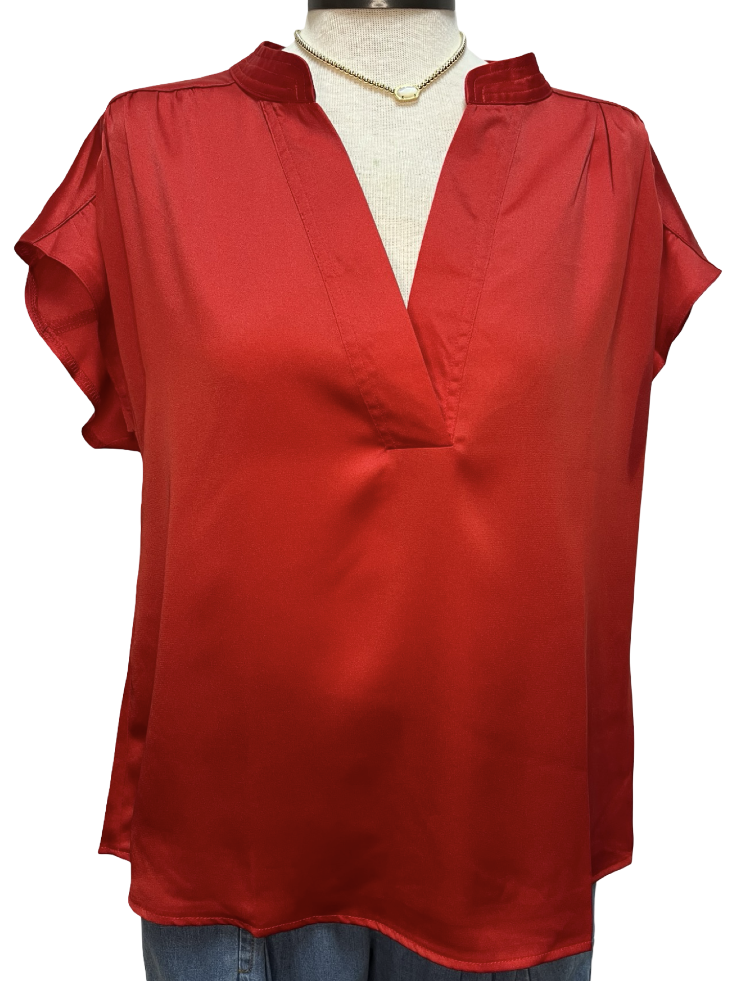 V Neckline Cap Sleeve Top Red