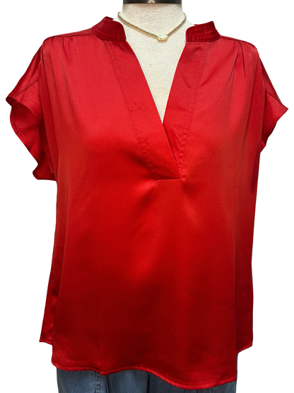 V Neckline Cap Sleeve Top Red