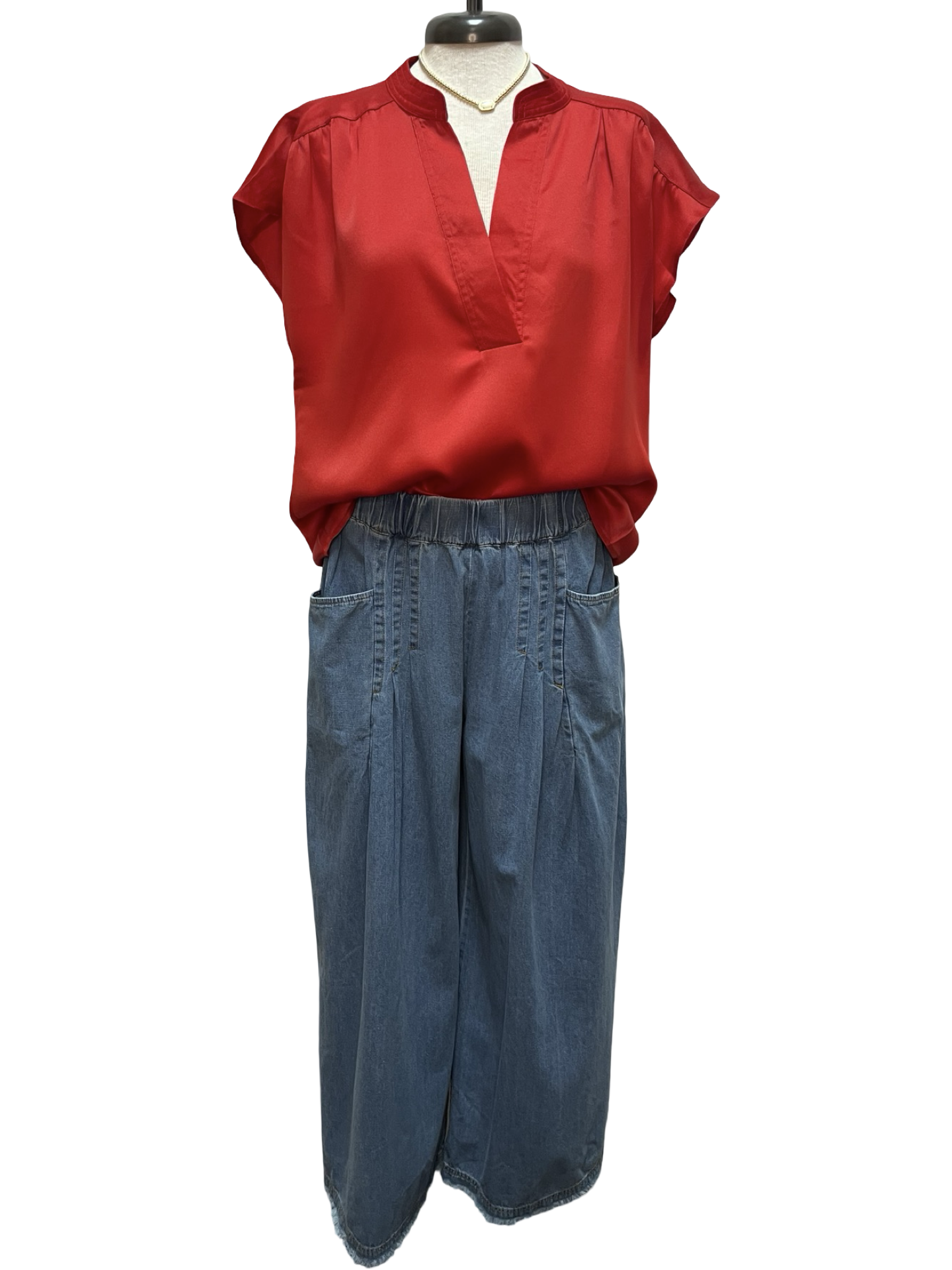 V Neckline Cap Sleeve Top Red