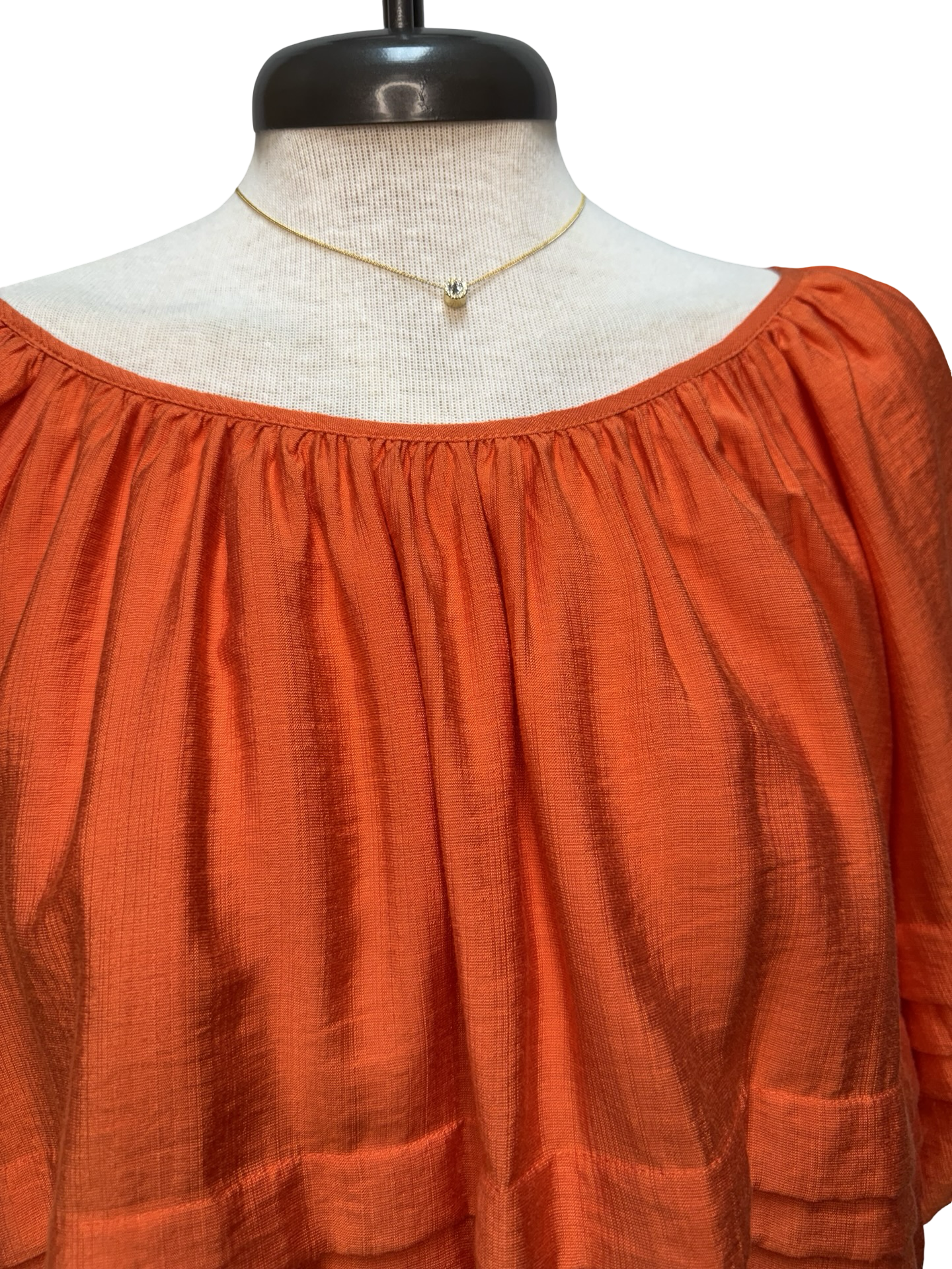 Half Puff Sleeve Pleated Round Neck Top Orange