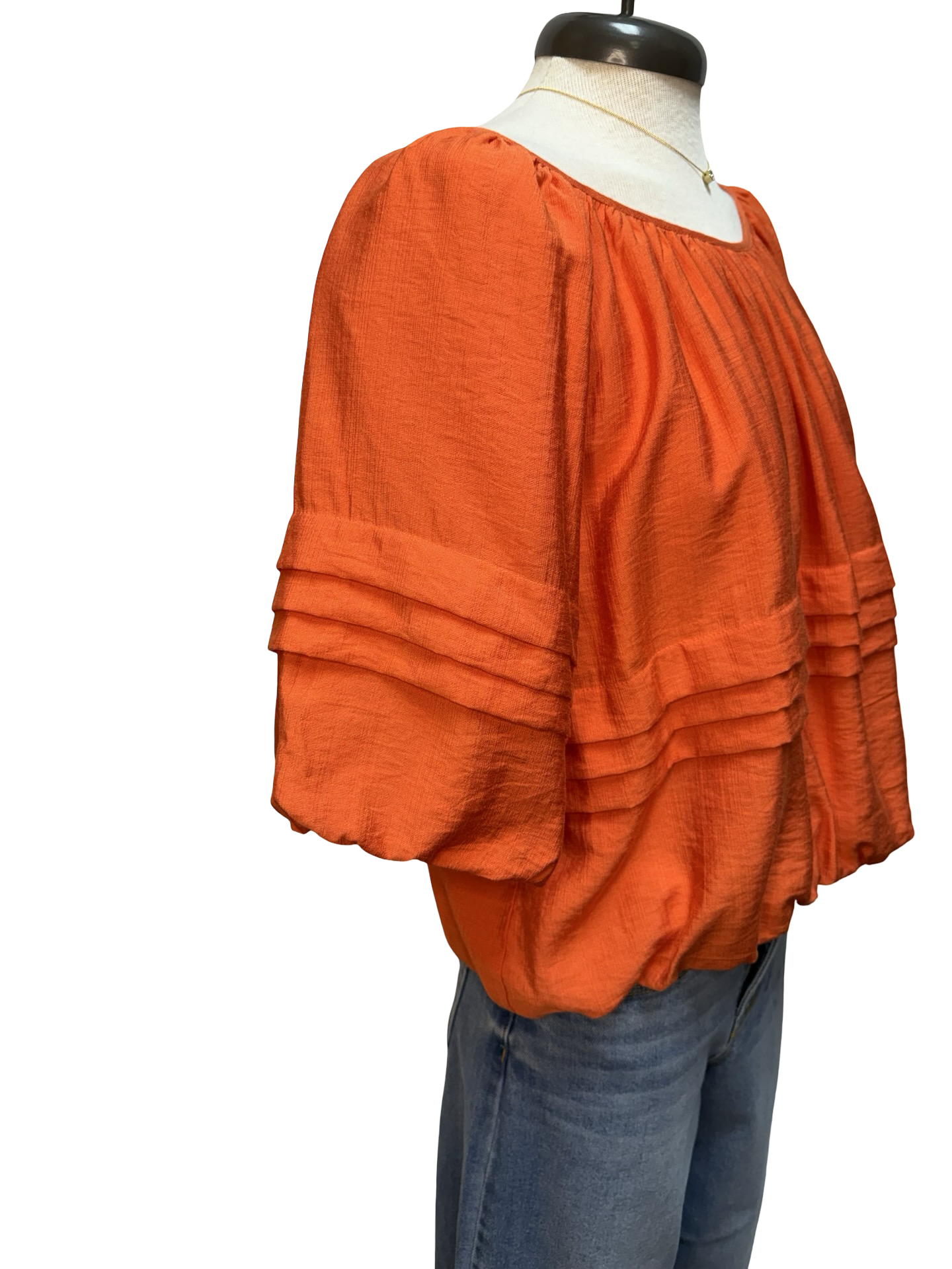 Half Puff Sleeve Pleated Round Neck Top Orange