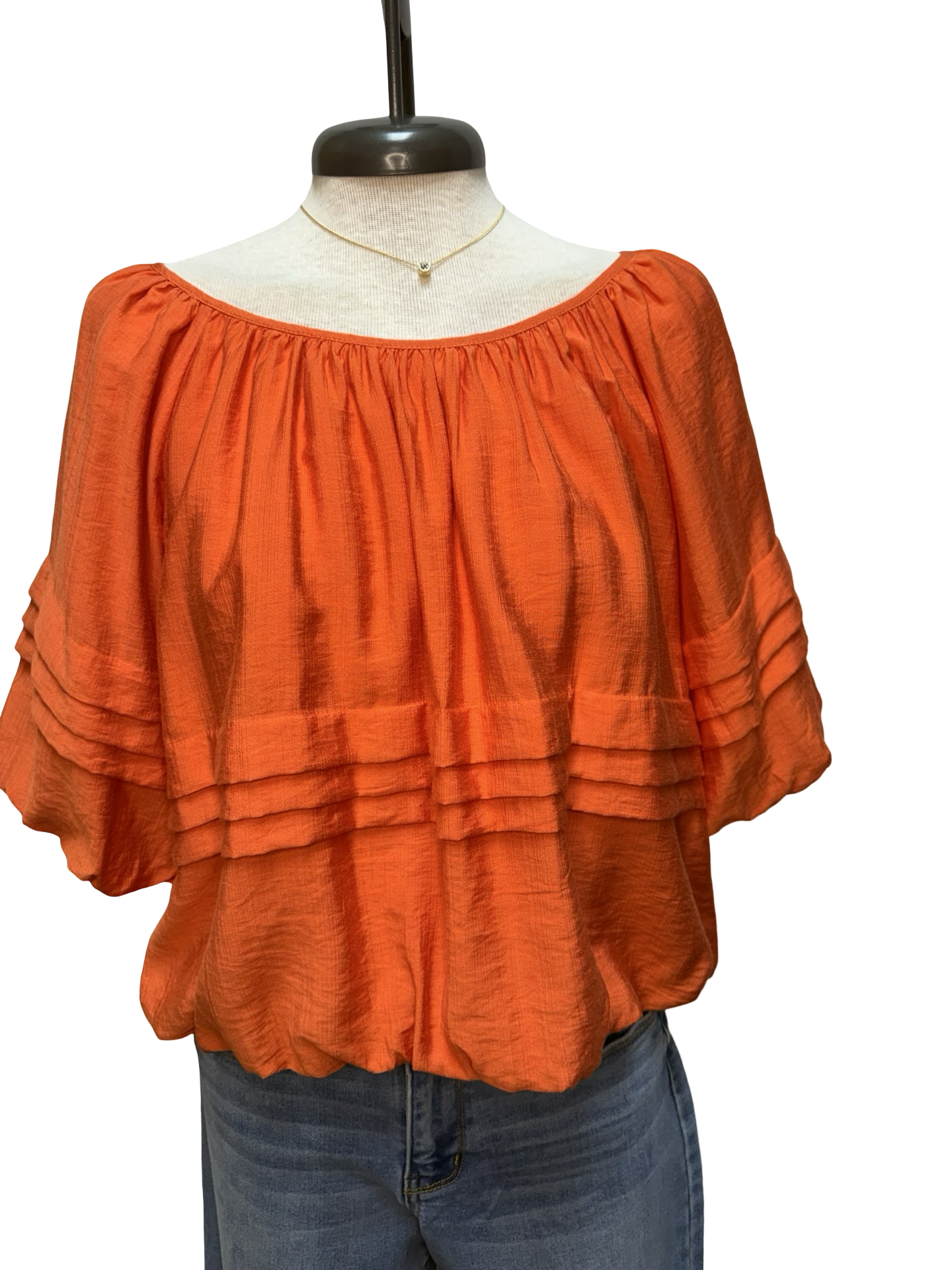 Half Puff Sleeve Pleated Round Neck Top Orange