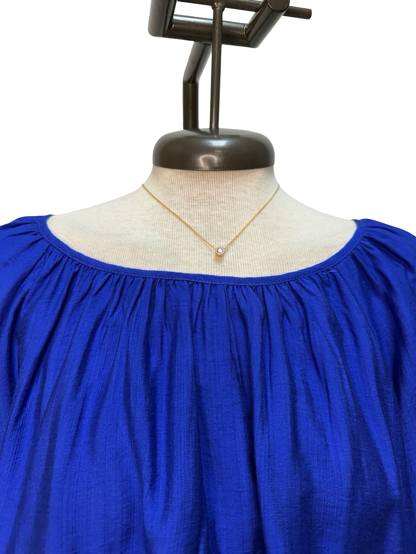 Half Puff Sleeve Pleated Round Neck Top Blue