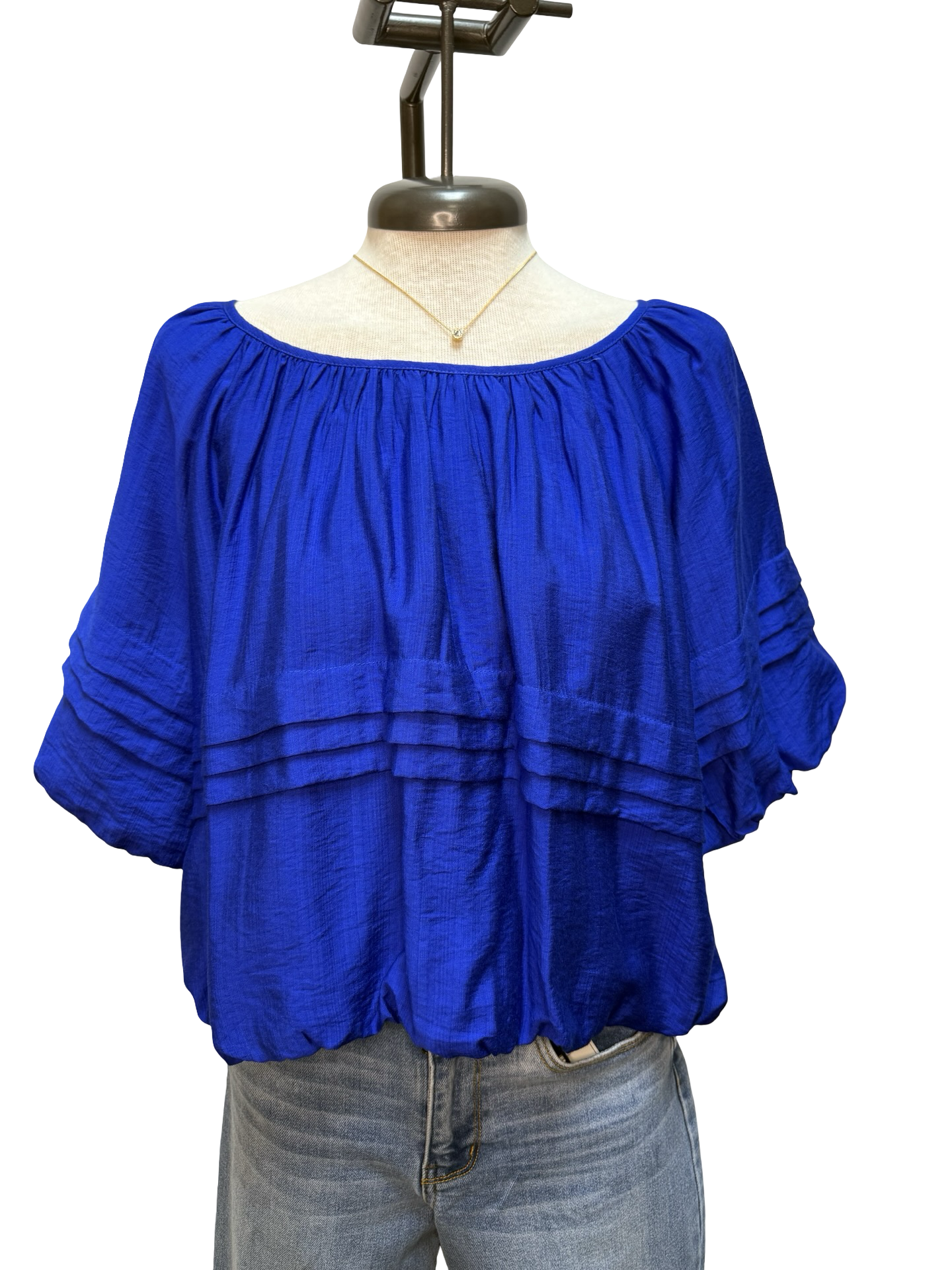 Half Puff Sleeve Pleated Round Neck Top Blue