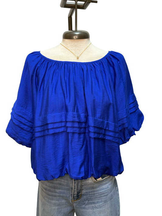Half Puff Sleeve Pleated Round Neck Top Blue