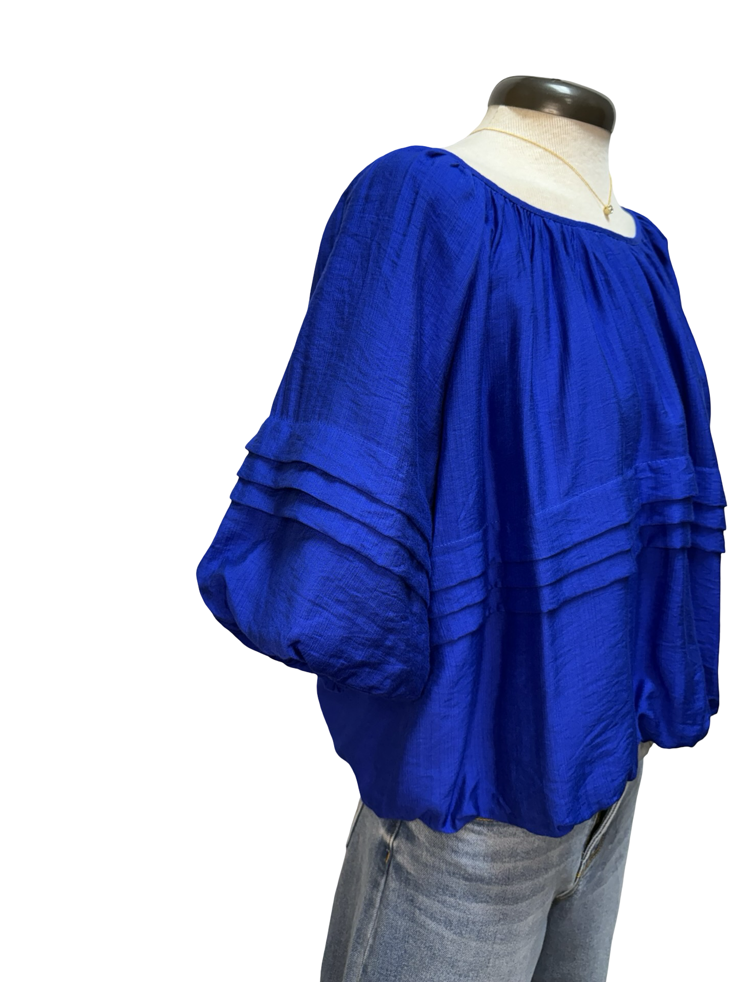 Half Puff Sleeve Pleated Round Neck Top Blue