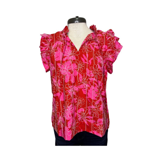 Red & Pink Daisy Embossed Floral Top