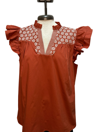 Hook Em Burnt Orange Embroidered Blouse