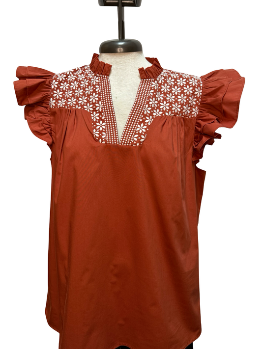 Hook Em Burnt Orange Embroidered Blouse