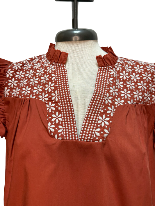 Hook Em Burnt Orange Embroidered Blouse