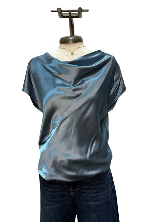 Cowl Neck Combo Blouse Dusty Blue